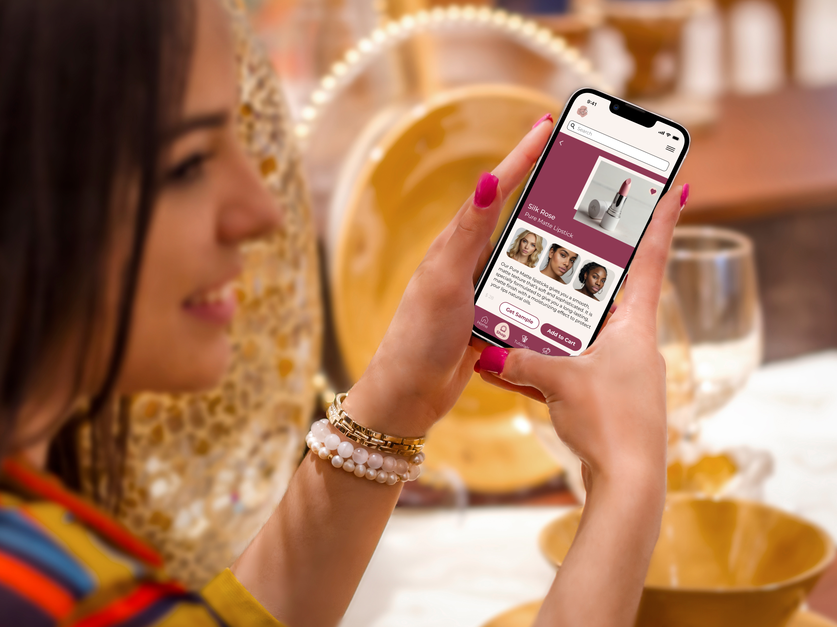 Woman using Uniquely Yours app to shop for lipstick